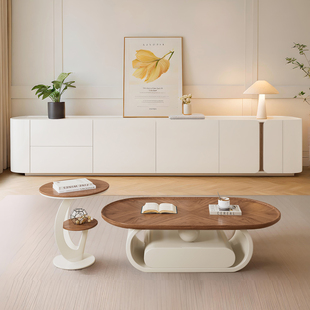 纯实木落地电视柜茶几组合现代简约小户型客厅奶油风电视柜胡桃木