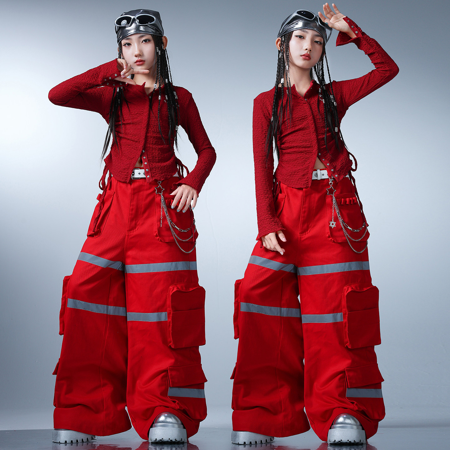 女童时髦爵士服装少儿个性工装裤元旦jazz演出服女孩嘻哈街舞潮服