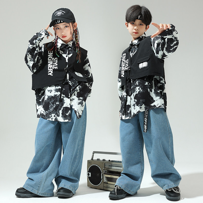 儿童街舞潮酷服少儿个性印花衬衫走秀套装男女童嘻哈牛仔裤演出服