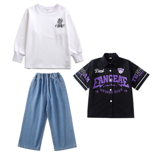 儿童街舞潮服男款嘻哈美式棒球服宽松牛仔裤演出服女童爵士舞套装