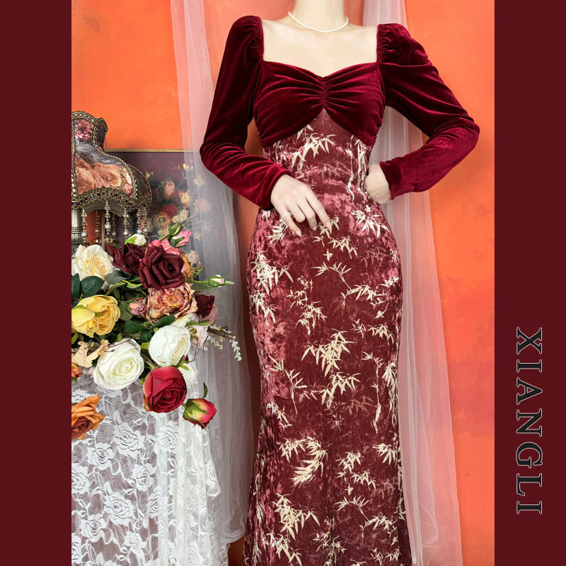 中式订婚敬酒晨袍加绒加厚丝绒裙