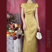 优雅开叉连衣裙 国风黄色提花镂空修身 巷里复古新中式 改良旗袍夏季