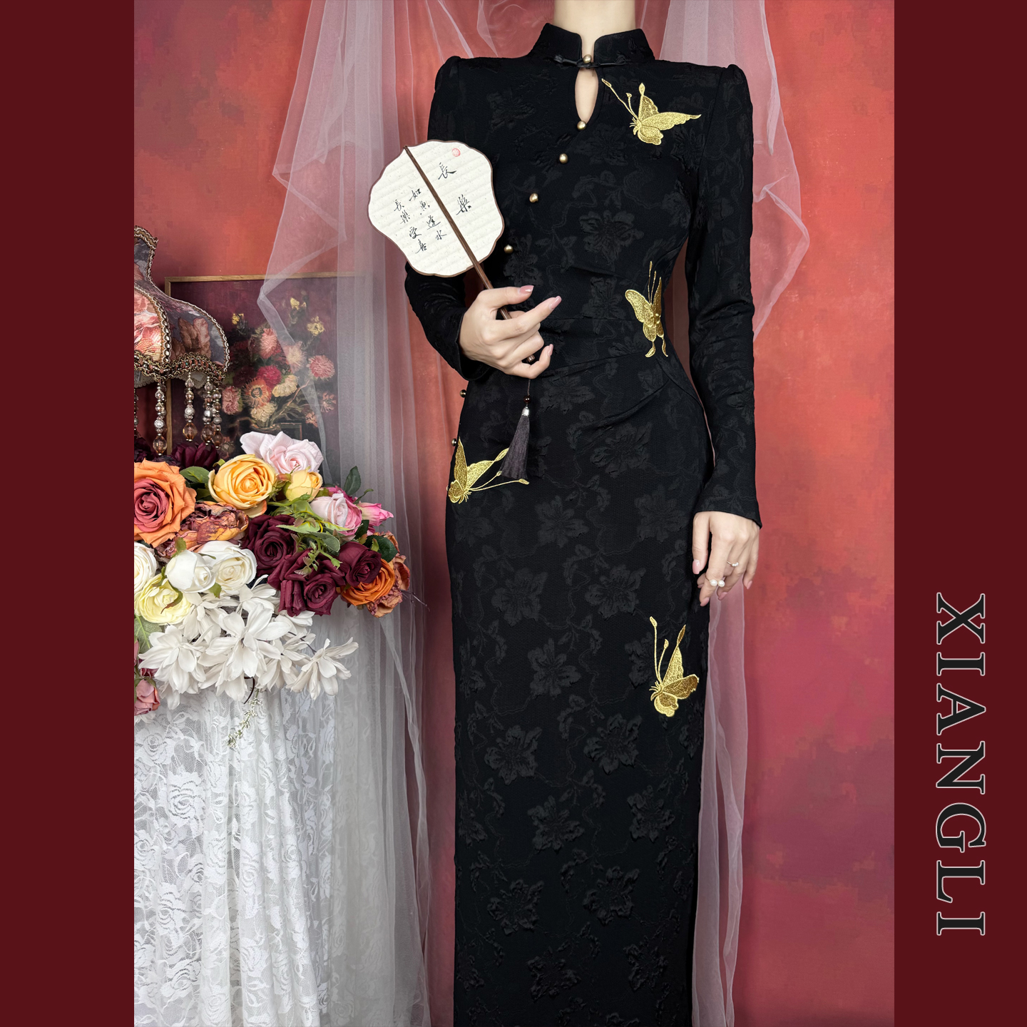 巷里复古国风重工刺绣黑色旗袍裙