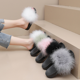 2026年新款毛毛拖鞋女夏季外穿羽毛凉拖夏天女款时尚平低跟一字拖