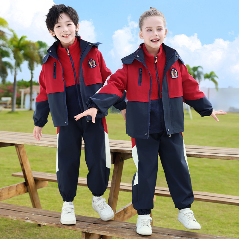 幼儿园园服加厚儿童冲锋衣校服三件套春秋冬学生拼色班服教师服