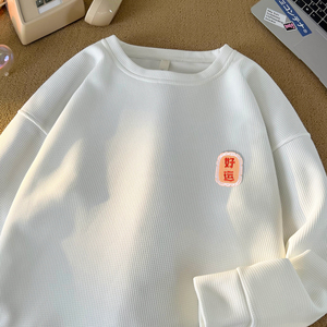 6577*P28华夫格美式重磅潮牌刺绣卫衣男宽松秋季高街打底休闲上衣图片