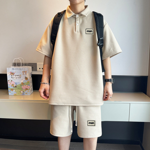 ZL22*P53 华夫格polo衫短袖两件套男夏季新款翻领t恤宽松休闲套装图片