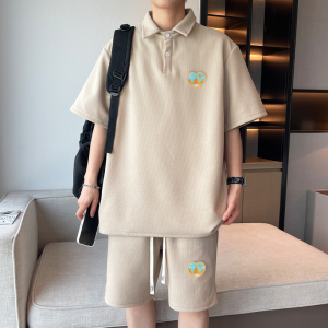 ZL05*P58 华夫格运动套装男夏季美式短袖重磅翻领t恤五分裤两件套图片