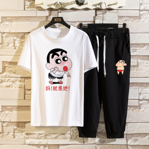 短袖t恤男蜡笔小新联名运动套装潮牌衣服夏2021新款夏季装半袖P40图片