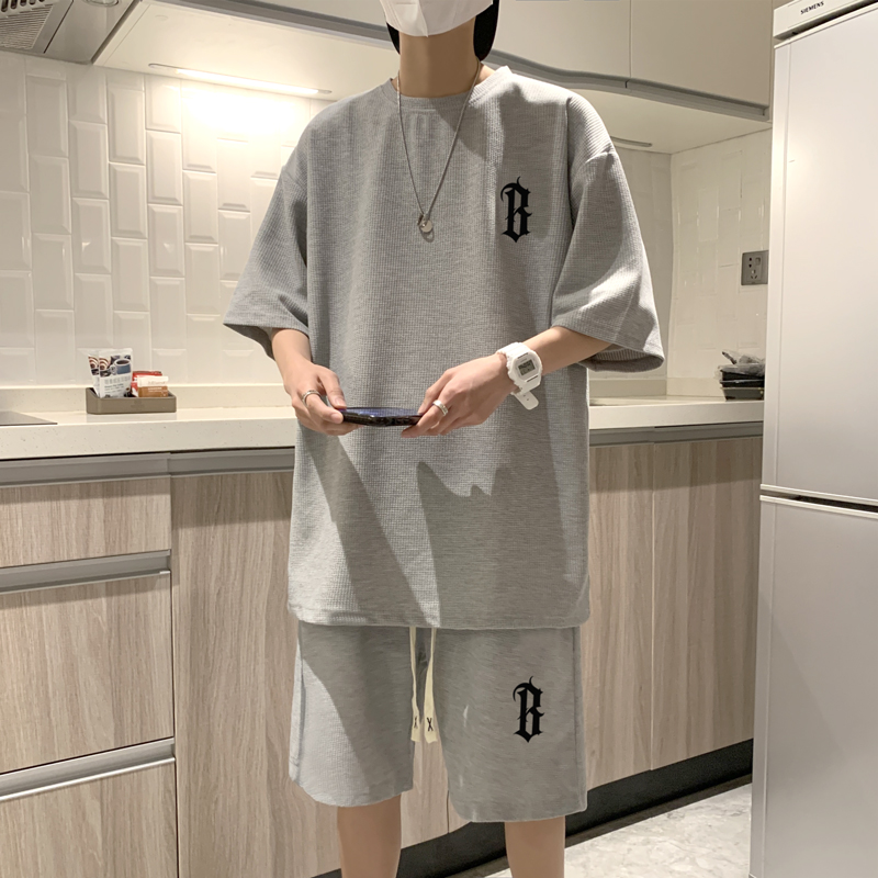 ZT106*P48华夫格休闲运动套装男夏季潮牌美式痞帅T恤五分裤两件套，男装休闲套装，星座414A（原B215）