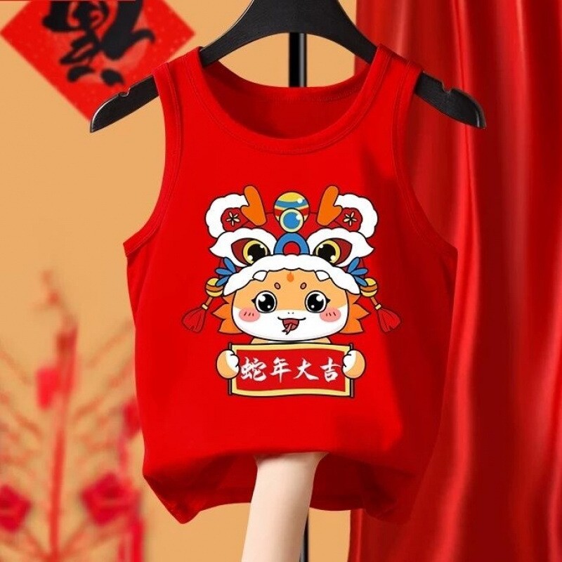 蛇年儿童红色背心男童中大童秋冬纯棉本命年12岁女童红内衣红吊带