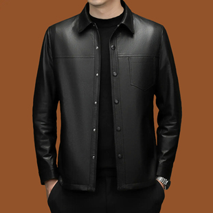 狄斯仑真绵羊皮皮衣男短款翻领春秋季商务休闲中年男士夹克外套