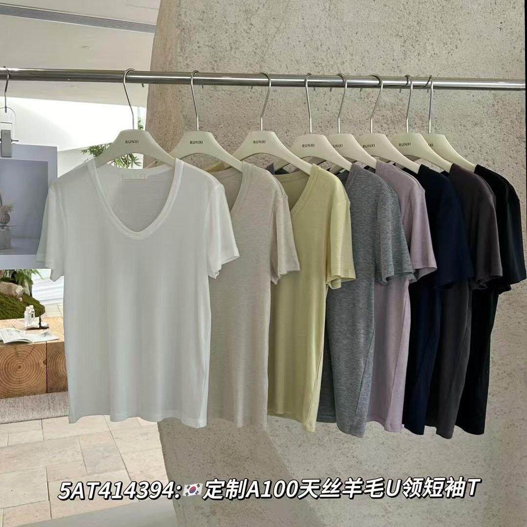 天丝羊毛U领锁骨短袖打底衫T恤图片
