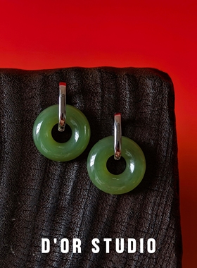 原创天然和田玉平安扣S925纯银耳环新中式国风送妈妈玉耳环纯银