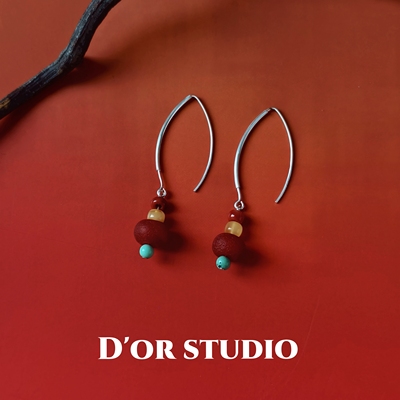 新中式南红玛瑙天然原矿无优化绿松石蜜蜡耳环纯银国风显脸小耳环