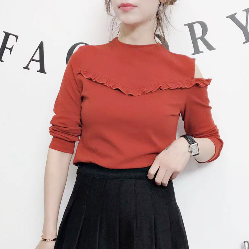 露肩木耳边打底衫女2019秋冬装宽松套头荷叶边时尚百搭长袖小衫女