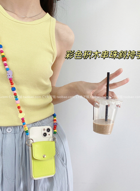 ins夏日小清新绿色卡包适用小米14/13手机壳红米note13Pro彩色积木斜挎12Turbo3挂绳k70全包防摔civi4Pro创意