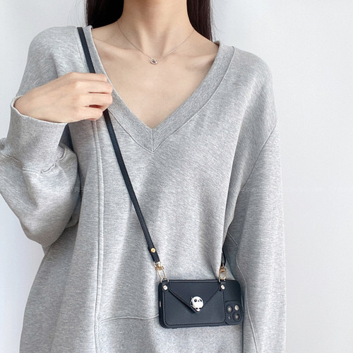 黑色小熊猫零钱卡包斜挎绳手机壳