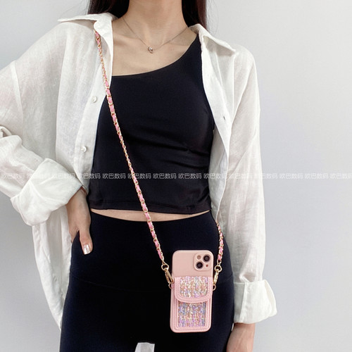 粉色小香风斜挎链条卡包适用opporeno12/11/10/98手机壳findX7背带挂绳A3pro时尚气质K12X全包防摔套A96软A55