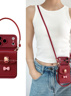 ins可爱新年红蝴蝶结猫咪卡包适用小米17/15手机壳红米note15/14pro斜挎背带手提绳k90k80少女turbo4防摔civi