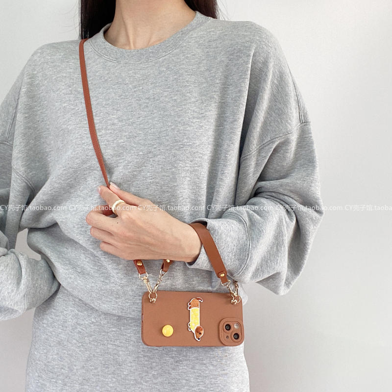 秋冬新款超火刺绣腊肠狗手机壳带挂绳适用opporeno12/11/9斜挎可背findX7卡通A3pro防摔K12x全包A97软硅胶A55