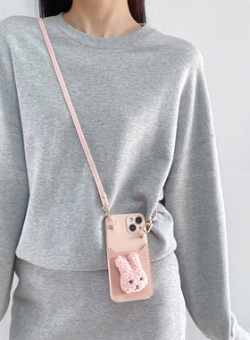 少女粉色可爱小兔子卡包适用iPhone16ProMax苹果15pro手机壳14斜挎背带挂绳13全包12新款11手提防摔保护套x软