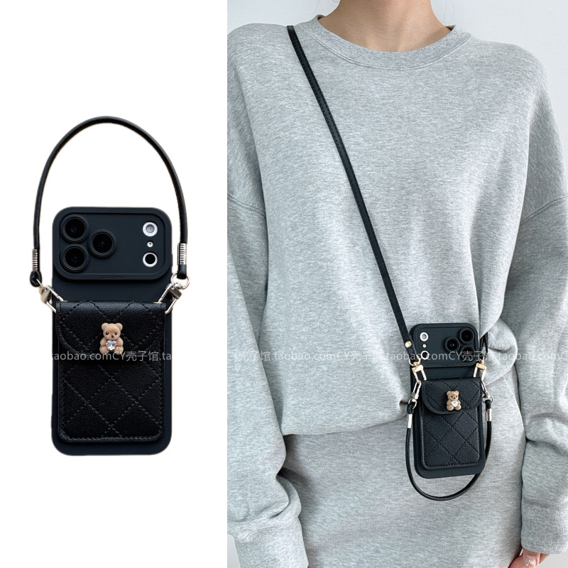 小香风黑色菱格小熊卡包适用荣耀500/400/300手机壳magic8/7/6新款X70奢华X60i斜挎背带手提绳X50全包保护套