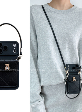 小香风黑色菱格小熊卡包适用vivox300/x200s/x100手机壳s50新款s30s20奢华y500斜挎背带手提绳iqooz10x保护套