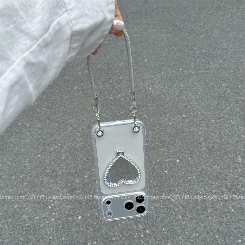 超好看闪闪钻石爱心镜子支架ins适用15pro苹果17ProMax手机壳iPhone16promax透明软壳14手提挂绳13新款高级感
