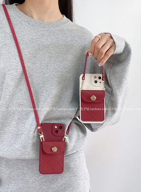 新年红小香风山茶花卡包带挂绳手机壳适用小米17/15高级感红米note15/14pro斜挎软壳k90k80防摔套turbo4/civi