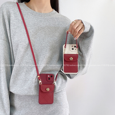 安可拉红小香风山茶花卡包带斜挎绳手机壳适用小米15全包红米note14/13pro防摔Turbo4/k80k70k60软壳civi4pro