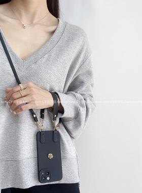 简约气质山茶花黑色斜挎绳适用vivox200promini手机壳x100x90背带s20全包s191817女iqoo13/neo10/z9x手提防摔