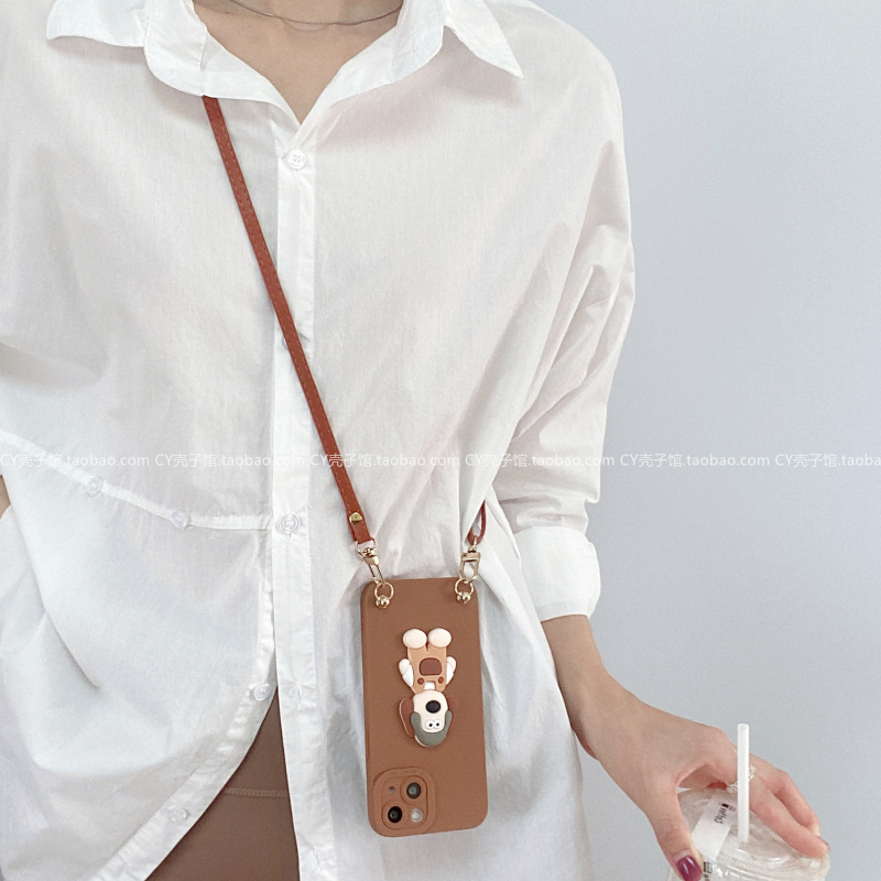 棕色可爱卡通立体掌门狗适用OPPOReno11手机壳10/9/8/7/6Pro斜挎绳findX7全包A93s/A58/A55防摔K11x软A2pro女