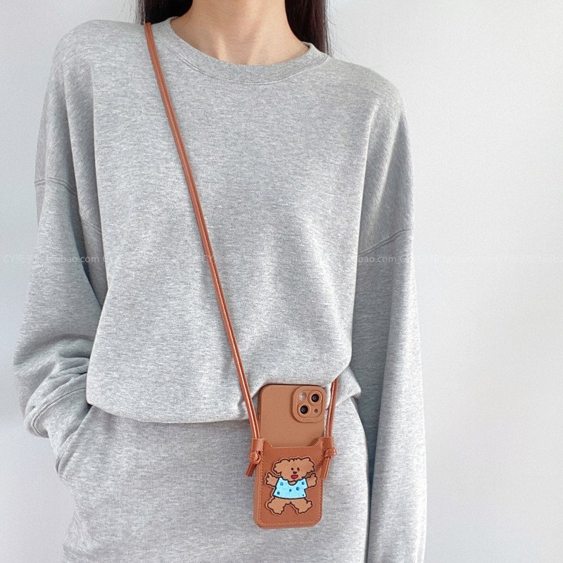 秋冬新款刺绣欢乐小熊斜挎卡包带挂绳手机壳适用华为pura70防摔保护套mate60/50全包nova12pro可爱卡通11/9软