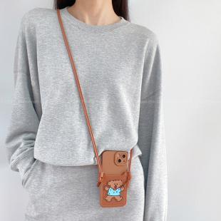 秋冬新款刺绣欢乐小熊斜挎卡包带挂绳手机壳适用华为pura70防摔保护套mate60/50全包nova12pro可爱卡通11/9软