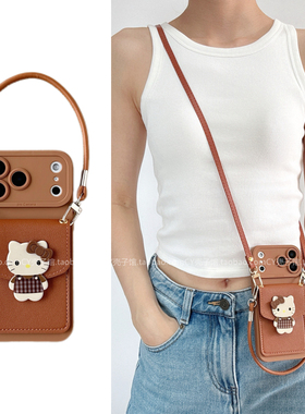 ins韩系高级感棕色格子猫咪卡包适用小米17/15手机壳红米note15/14pro新款k90k80斜挎背带手提绳turbo5女civi