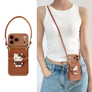 14pro新款 k90k80斜挎背带手提绳turbo5女civi 15手机壳红米note15 ins韩系高级感棕色格子猫咪卡包适用小米17