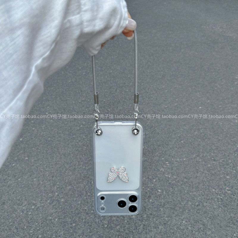 夏天ins冷淡风满钻蝴蝶适用iPhone17ProMax手机壳苹果16pro透明软壳15promax腕带挂绳14高级13手提防摔保护套