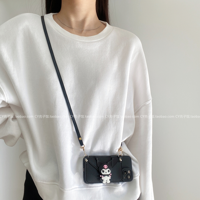 黑色卡通库洛米零钱包适用opporeno11手机壳reno10/9/8全包7se斜挎绳reno5k防摔findx7/6软A97/A93/A58/k11女