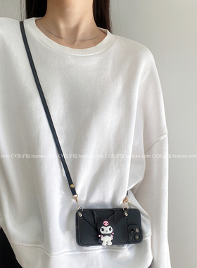 黑色卡通库洛米零钱包适用华为mate60/50pro手机壳40pro背带p60pro斜挎挂绳p50e女p40防摔nova12/11/10/9软壳