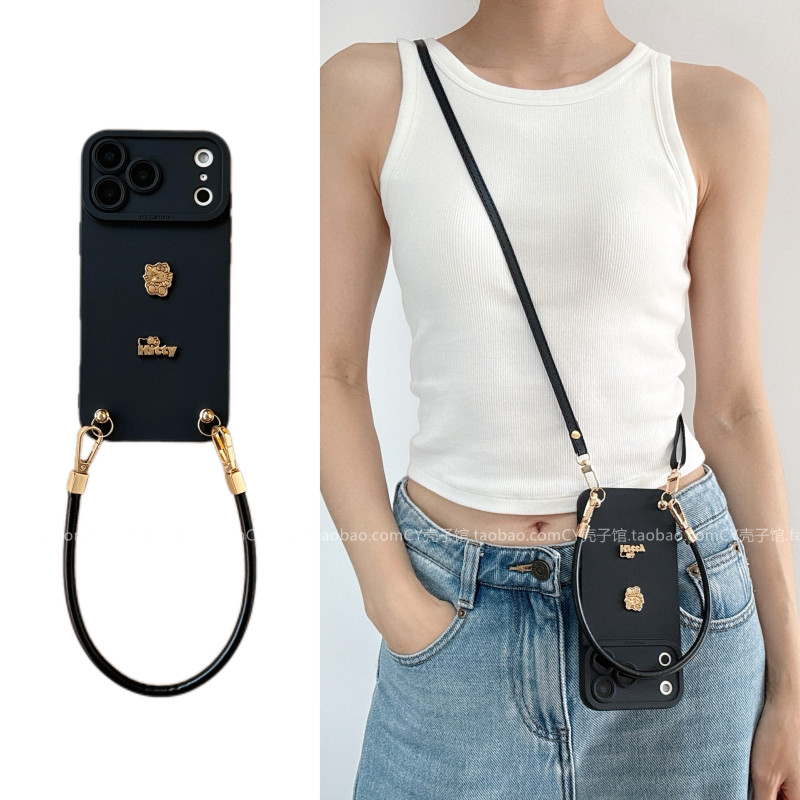 气质高级感黑色立体小金kitty猫适用华为mate80/70/60手机壳pura80斜挎背带手提绳p70新款nova15/14/13保护套