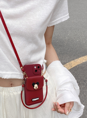 趣味可爱卡通米老鼠卡包适用iPhone17promax苹果16手机壳15pro全包14plus斜挎手提绳13高级感酒红色12/11防摔