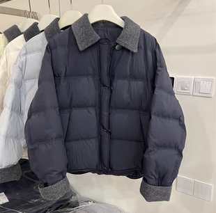 韩系白鸭绒羊毛呢拼接羽绒服女2025年冬季新款保暖撞色短款外套