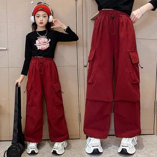 女童工装裤春装宽松安哥拉红色阔腿裤儿童春季街舞爵士舞蹈裤子