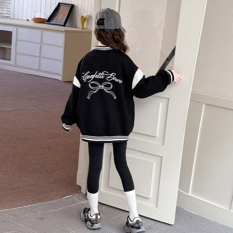 世玉家女童棒球服外套秋季2025新款大童洋气黑色短款儿童女孩长袖