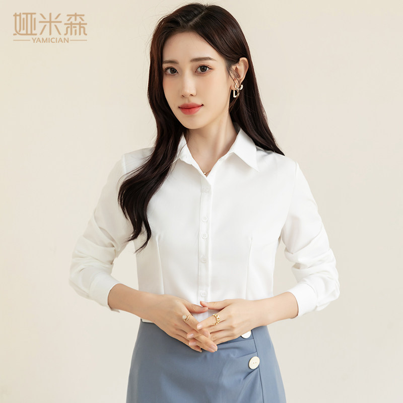 棉质白色衬衫女职业长袖通勤公务员面试正装工作服上衣衬衣女秋