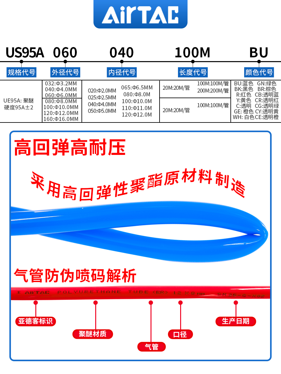 亚德客耐低温聚醚PU气管软管UE95A 4X2.5 8*5 6X4 10x6.5 12X8