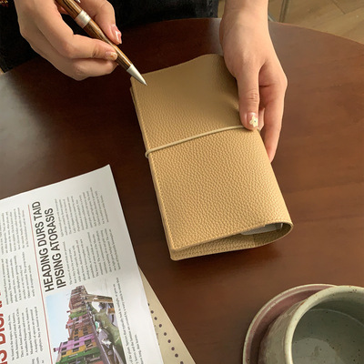 文艺咖啡A6Slim_15mm环绑带活页本手账本荔枝纹软面pu便携本子