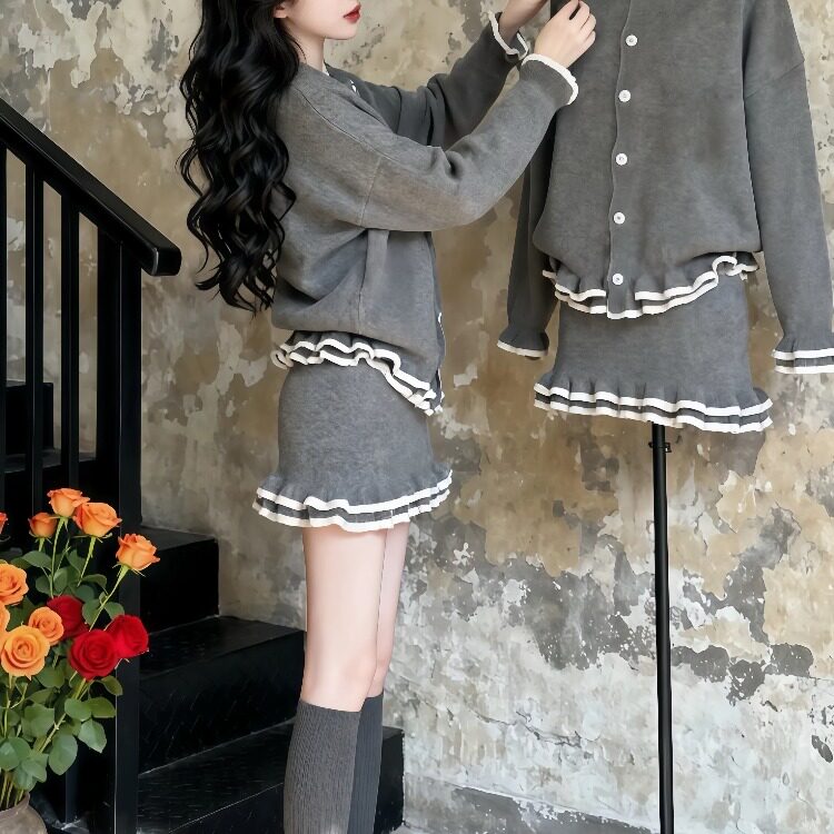 韩风chic一整套装女秋冬新款灰色圆领针织开衫木耳边半身裙两件套