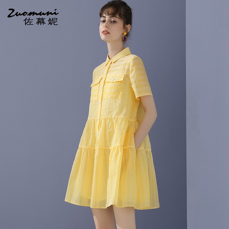 佐幕妮黄色宽松衬衫连衣裙女2020新款夏季短款短裙气质大摆11738